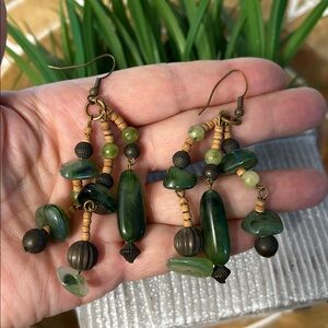 Green mixed materials Beaded Dangle Earrings wood acrylic metal eclectic vibes